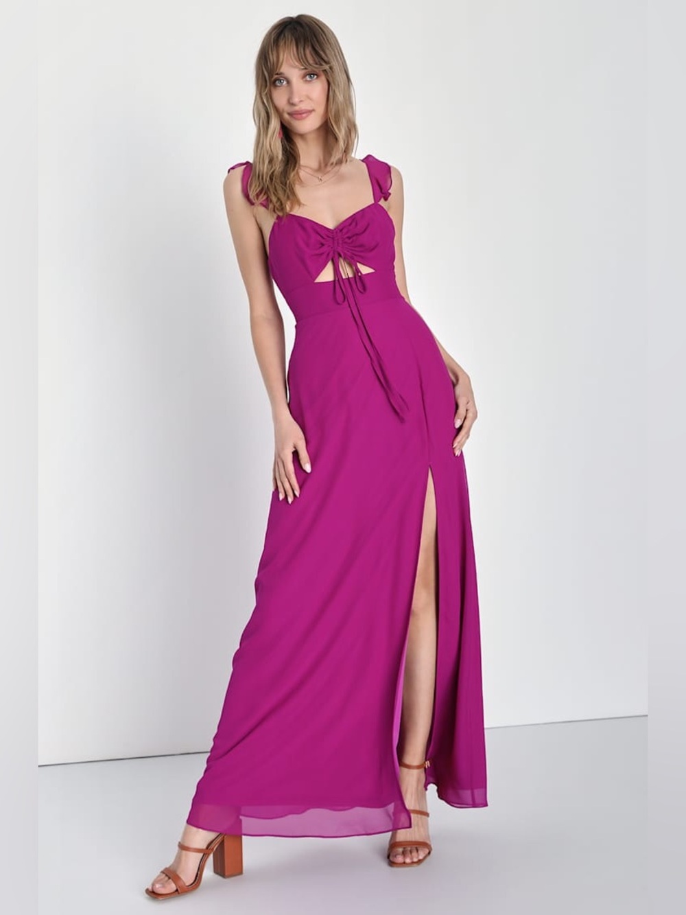 NWT Lulus The Way to Love Ruffled Maxi Dress Magenta Tie-Front Size Small